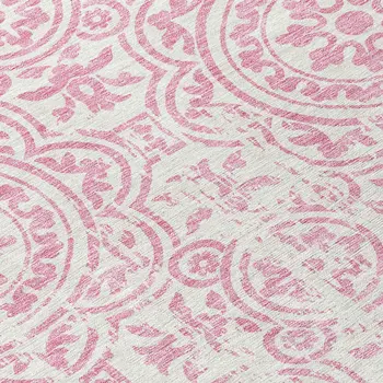 8' Pink And Ivory Round Medallion Washable Indoor Outdoor Area Rug