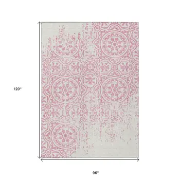 8' X 10' Pink And Ivory Medallion Washable Indoor Outdoor Area Rug