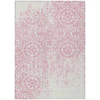 8' X 10' Pink And Ivory Medallion Washable Indoor Outdoor Area Rug