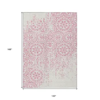 10' X 14' Pink And Ivory Medallion Washable Indoor Outdoor Area Rug