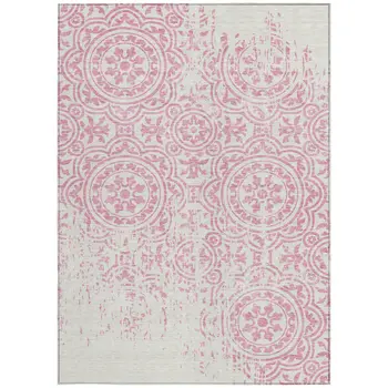 10' X 14' Pink And Ivory Medallion Washable Indoor Outdoor Area Rug