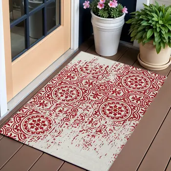 3' X 5' Red And Ivory Medallion Washable Indoor Outdoor Area Rug