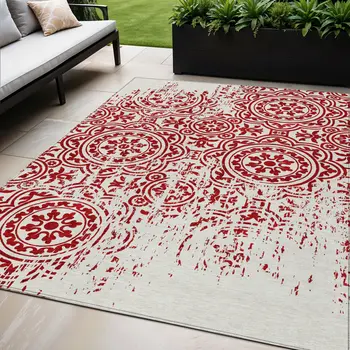 5' X 8' Red And Ivory Medallion Washable Indoor Outdoor Area Rug