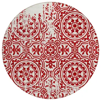 8' Red And Ivory Round Medallion Washable Indoor Outdoor Area Rug