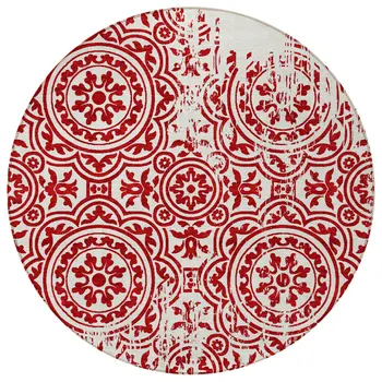 8' Red And Ivory Round Medallion Washable Indoor Outdoor Area Rug