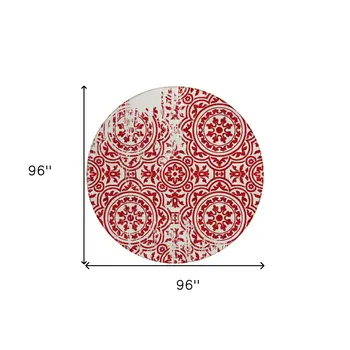 8' Red And Ivory Round Medallion Washable Indoor Outdoor Area Rug