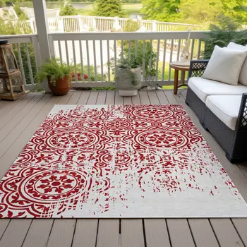 9' X 12' Red And Ivory Medallion Washable Indoor Outdoor Area Rug