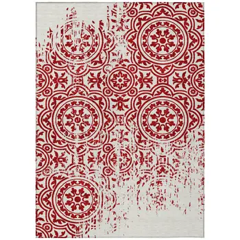 9' X 12' Red And Ivory Medallion Washable Indoor Outdoor Area Rug