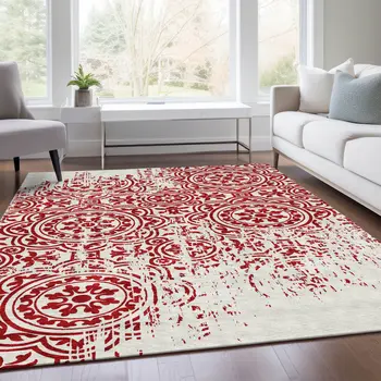 9' X 12' Red And Ivory Medallion Washable Indoor Outdoor Area Rug