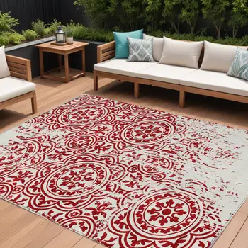 10' X 14' Red And Ivory Medallion Washable Indoor Outdoor Area Rug