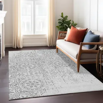 3' X 5' Silver And Gray Medallion Washable Indoor Outdoor Area Rug