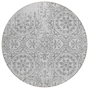 8' Silver And Gray Round Medallion Washable Indoor Outdoor Area Rug