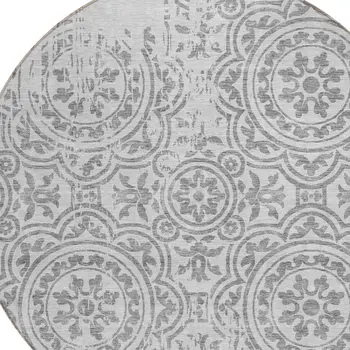 8' Silver And Gray Round Medallion Washable Indoor Outdoor Area Rug