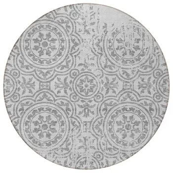8' Silver And Gray Round Medallion Washable Indoor Outdoor Area Rug
