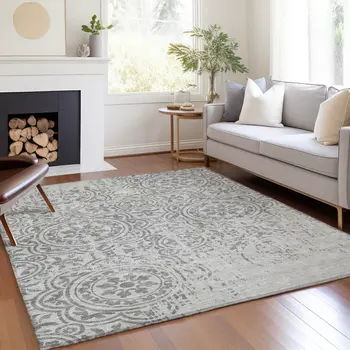 8' X 10' Silver And Gray Medallion Washable Indoor Outdoor Area Rug