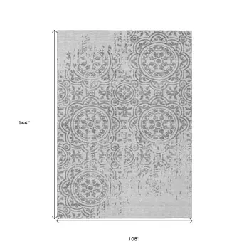 9' X 12' Silver And Gray Medallion Washable Indoor Outdoor Area Rug