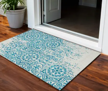3' X 5' Teal Blue And Ivory Medallion Washable Indoor Outdoor Area Rug