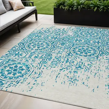 5' X 8' Teal Blue And Ivory Medallion Washable Indoor Outdoor Area Rug