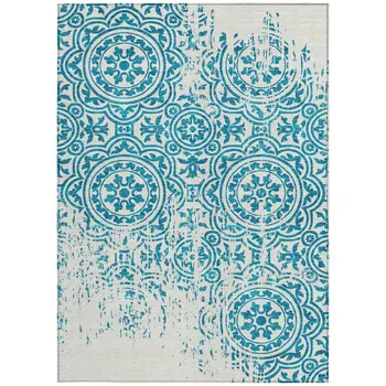 8' X 10' Teal Blue And Ivory Medallion Washable Indoor Outdoor Area Rug