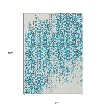 8' X 10' Teal Blue And Ivory Medallion Washable Indoor Outdoor Area Rug