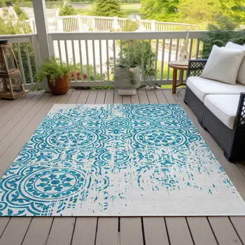 8' X 10' Teal Blue And Ivory Medallion Washable Indoor Outdoor Area Rug