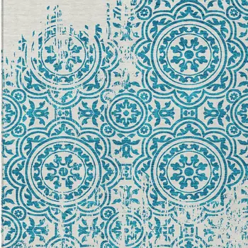 8' X 10' Teal Blue And Ivory Medallion Washable Indoor Outdoor Area Rug