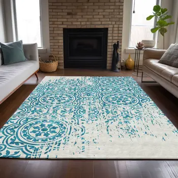8' X 10' Teal Blue And Ivory Medallion Washable Indoor Outdoor Area Rug