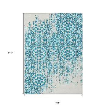 9' X 12' Teal Blue And Ivory Medallion Washable Indoor Outdoor Area Rug