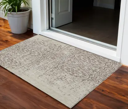 3' X 5' Taupe And Beige Medallion Washable Indoor Outdoor Area Rug