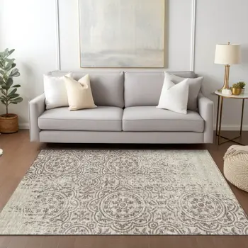 3' X 5' Taupe And Beige Medallion Washable Indoor Outdoor Area Rug