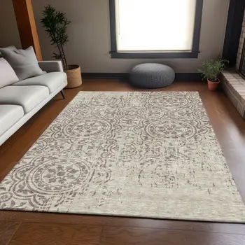 5' X 8' Taupe And Beige Medallion Washable Indoor Outdoor Area Rug
