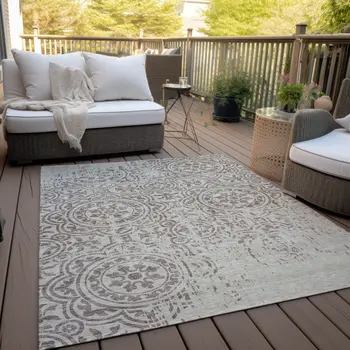 5' X 8' Taupe And Beige Medallion Washable Indoor Outdoor Area Rug