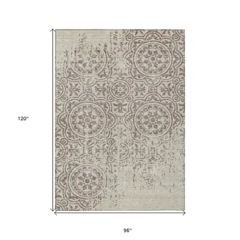 8' X 10' Taupe And Beige Medallion Washable Indoor Outdoor Area Rug