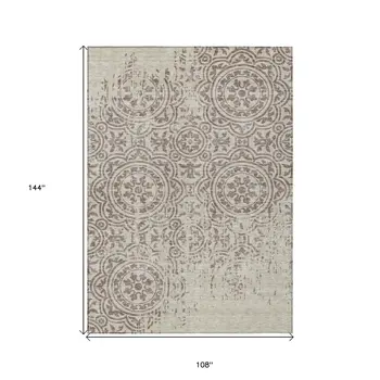 9' X 12' Taupe And Beige Medallion Washable Indoor Outdoor Area Rug