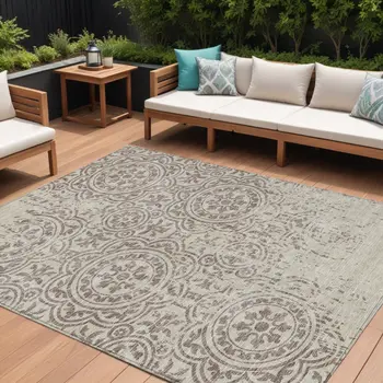 10' X 14' Taupe And Beige Medallion Washable Indoor Outdoor Area Rug