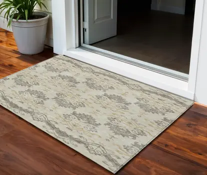 3' X 5' Beige Tan And Taupe Oriental Washable Indoor Outdoor Area Rug