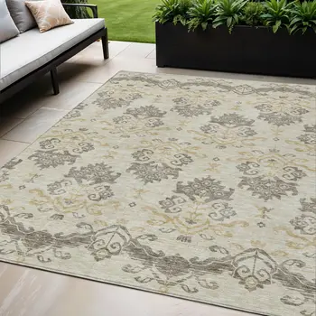 5' X 8' Beige Tan And Taupe Oriental Washable Indoor Outdoor Area Rug