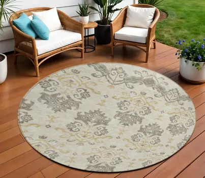 8' Beige Tan And Taupe Round Oriental Washable Indoor Outdoor Area Rug