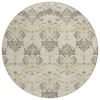 8' Beige Tan And Taupe Round Oriental Washable Indoor Outdoor Area Rug