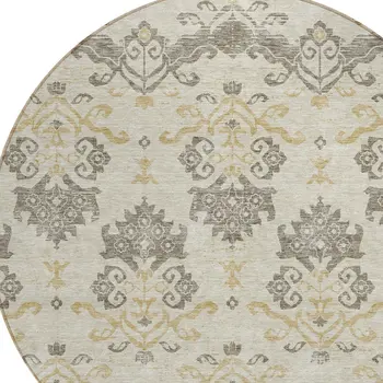 8' Beige Tan And Taupe Round Oriental Washable Indoor Outdoor Area Rug