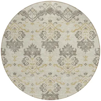 8' Beige Tan And Taupe Round Oriental Washable Indoor Outdoor Area Rug