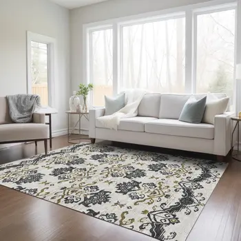 3' X 5' Black Beige And Gold Oriental Washable Indoor Outdoor Area Rug