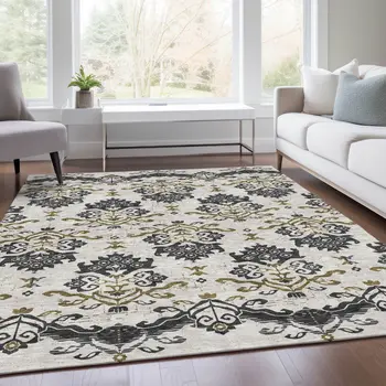 5' X 8' Black Beige And Gold Oriental Washable Indoor Outdoor Area Rug