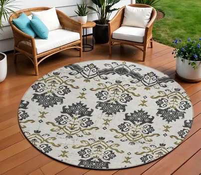 8' Black Beige And Gold Round Oriental Washable Indoor Outdoor Area Rug