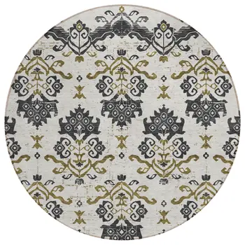 8' Black Beige And Gold Round Oriental Washable Indoor Outdoor Area Rug
