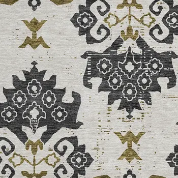 8' Black Beige And Gold Round Oriental Washable Indoor Outdoor Area Rug