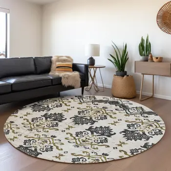 8' Black Beige And Gold Round Oriental Washable Indoor Outdoor Area Rug