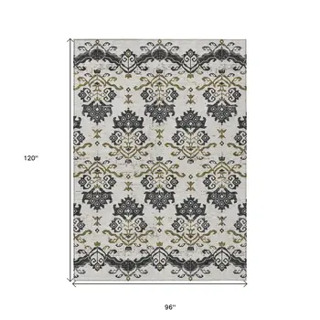 8' X 10' Black Beige And Gold Oriental Washable Indoor Outdoor Area Rug