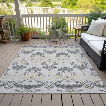 5' X 8' Charcoal Silver And Gold Oriental Washable Indoor Outdoor Area Rug