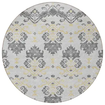 8' Charcoal Silver And Gold Round Oriental Washable Indoor Outdoor Area Rug